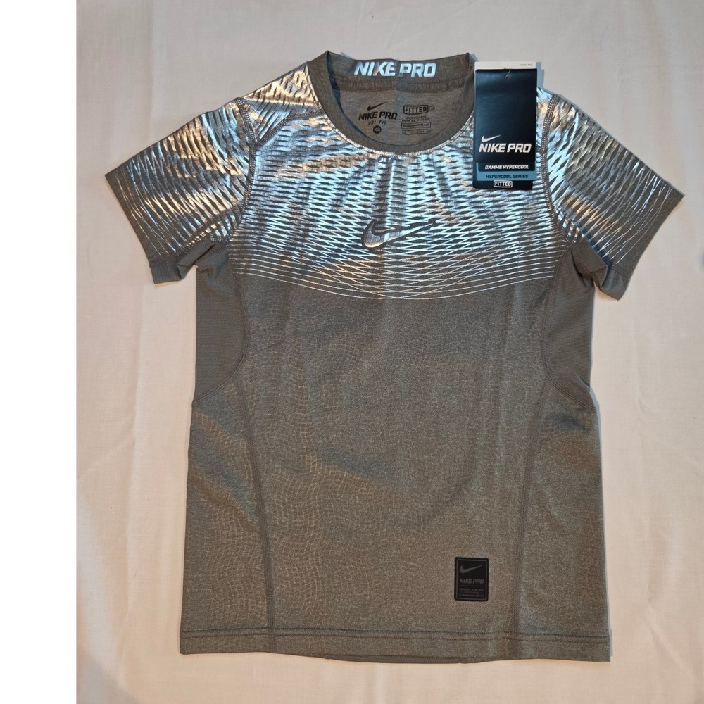 Nike Pro Hypercool Boys XS Gray Silver Metallic Fitted Dri-FIT Training Shirt